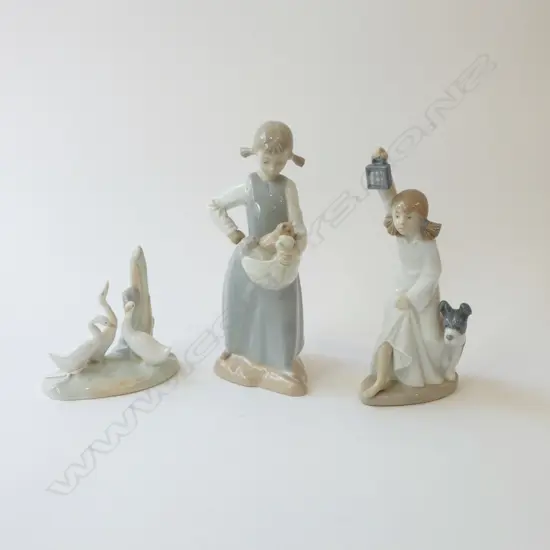 3 NAO FIGURINES; GIRL w. LANTERN, 3 GEESE, GIRL w. KITTENS H.225mm