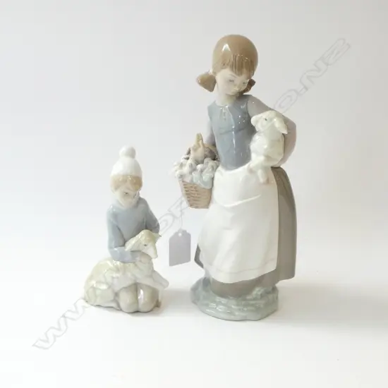 2 LLADRO; BOY w. SHEEP, GIRL w. LAMB & BASKET H.240mm