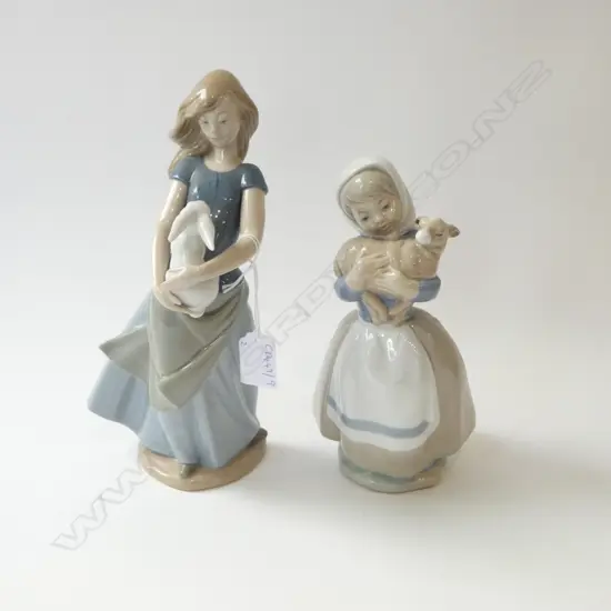 2 NAO FIGURINES; WOMAN w. BUNNY RABBIT H.250mm, GIRL w. LAMB