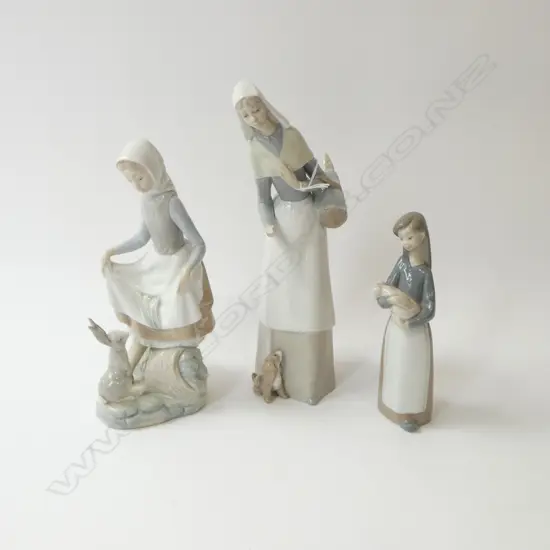 3 LLADRO; GIRL w. PIGLET, WOMAN w. BUNNY RABBIT, WOMAN w. BREAD BASKET H.270mm