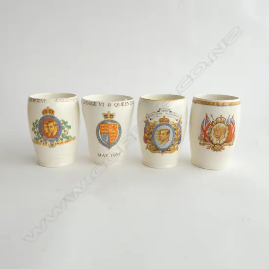 4 ROYALTY BEAKERS KING GEORGE, QUEEN MARY & QEII 1937 ETC, H.115MM