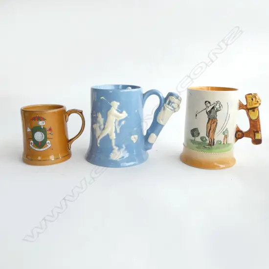 3 VINTAGE GOLFING TANKARDS SPORTS SERIES ARTHUR WOOD ETC, H.135MM 