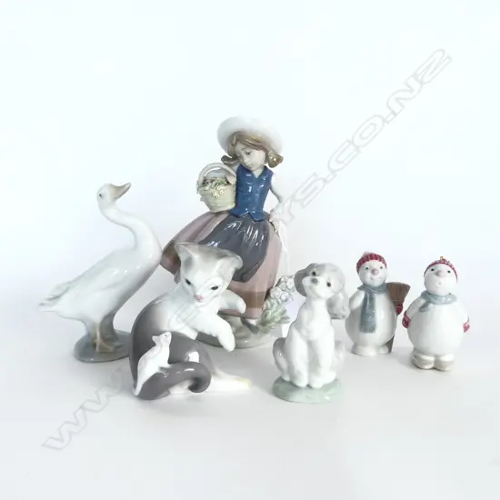 4 LLADRO; GOOSE, DOG, CAT, GIRL w. FLOWERS AF H.165mm + 2 NAO SNOWMEN H.70mm