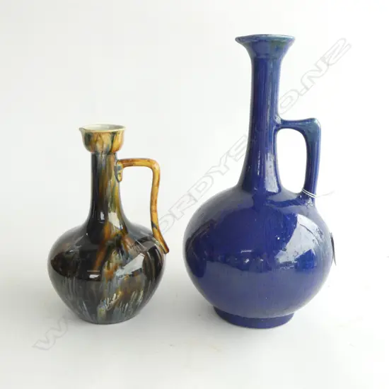  TWO ANTIQUE POTTERY EWERS SARREGUEMINES & BLUE GLAZE, H.210MM-310MM