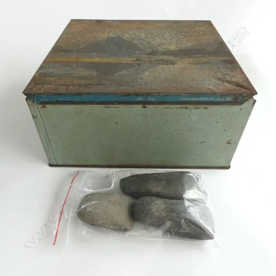 3x OLD PACIFIC STONE ADZES longest 100mm + old tin w Mitre Peak to lid