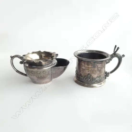 TWO ANTIQUE BARBER’S SHAVING MUGS JAMES DIXON & SONS ETC, L.150MM