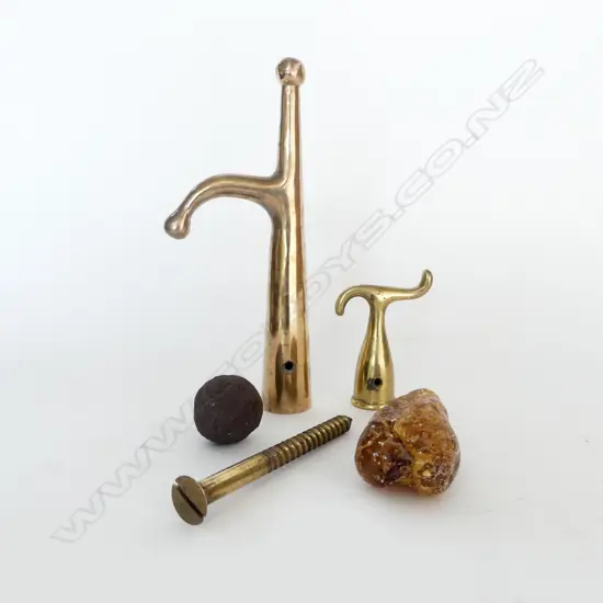 3 PCES. BRASS (2 GAFF ENDS), KAURI GUM & SMALL CANNONBALL