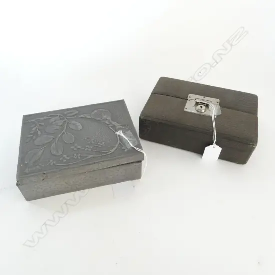 2 VINTAGE JEWLLERY BOXES; HANDWORKED PEWTER OVER WOOD & LEATHER w VELVET INTERIOR