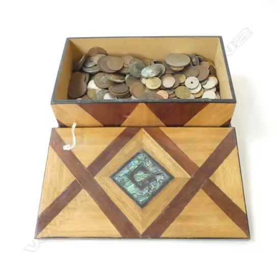 WOOD INLAID KIWIANA BOX w. ASST. WORLD COINS