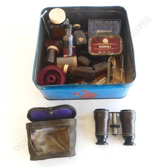 MEDICINE BOTTLES, CASED PR BINOCULARS ETC