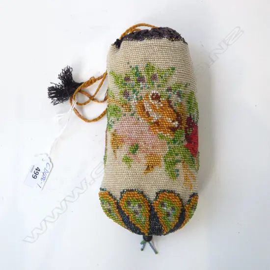 VINTAGE GLASS BEADED PURSE floral decoration L.200mm