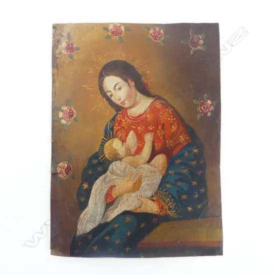 ANTIQUE PERUVIAN RETABLO; OIL ON METAL 160x120mm