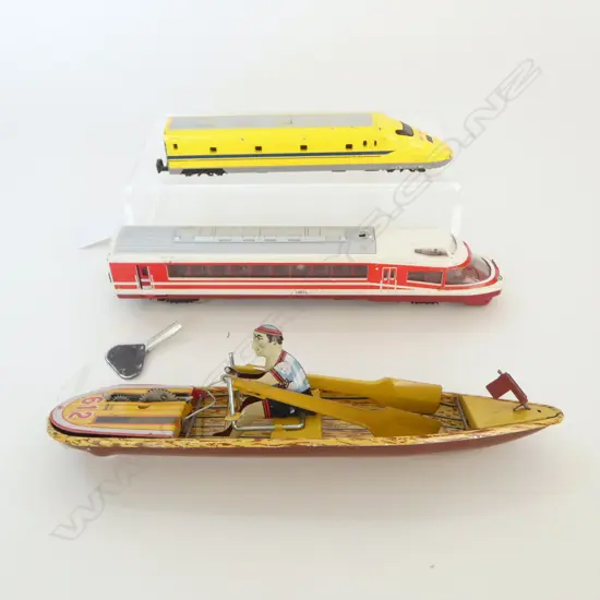2 VINTAGE JAPANESE MODEL TRAINS & MODEL ROWING BOAT in ORIGINAL BOX