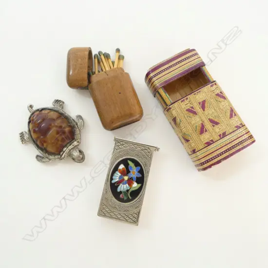 4 ANTIQUE VESTA CASES: TURTLE + ENAMEL+ FINE INLAID WOOD + WOODEN W hinged lid