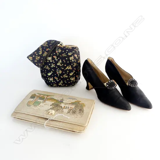 2 ORIENTAL VINTAGE PURSE + PR OLD BLCK SILK MED HIGH HEELED LADIES SHOES some diamantes missing