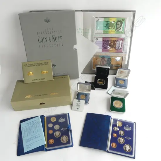 1988 BICENTENNIAL COIN & NOTE COLLECTION AUSTRALIA, ANZAC 75th COM. COIN SET 1990, 2 AUS. COIN PROFS & 4 OTHER AUS.