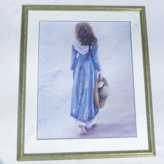 LGE PRINT WOMAN ON BLUE DRESS ON BEACH 740 x 590mm GILT FRAMED UNDER GLASS