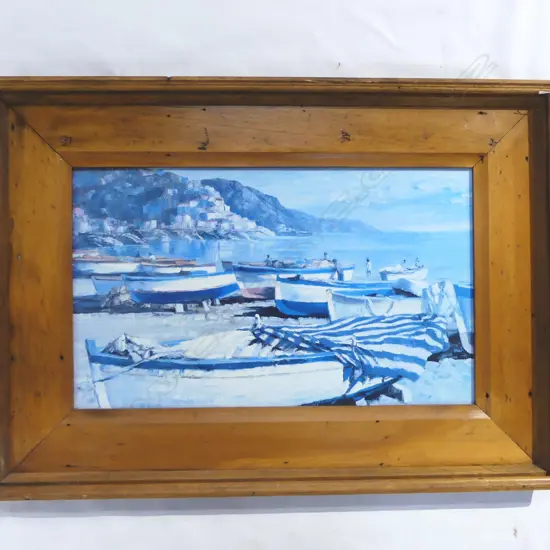 HOWARD BEHRENS (1933-2014) 'AMALFI BOATS' LRG PRINT 470x790mm (780x1105mm overall) IN RUSTIC WOODEN FRAME