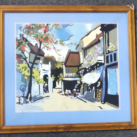 LG FRAMED EMBROIDERY, ORIENTAL VILLAGE SCENE 495x585mm