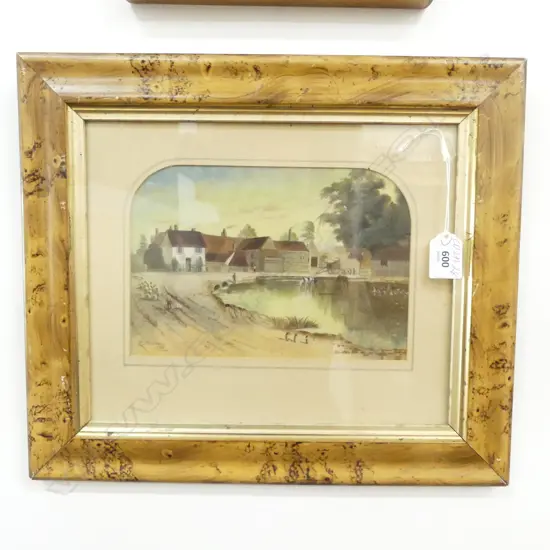 P.OLDHAM (UK) VILLAGE POND & BUILDINGS, WATERCOLOUR, SIGNED & DATED 1906, ORIGINAL GRAINED & SPONGED FRAME, 240 x 295mm