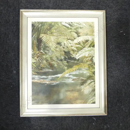 Judith Moreton oil painting River Bush scene. Signed & dated '83. 490 x 375mm.