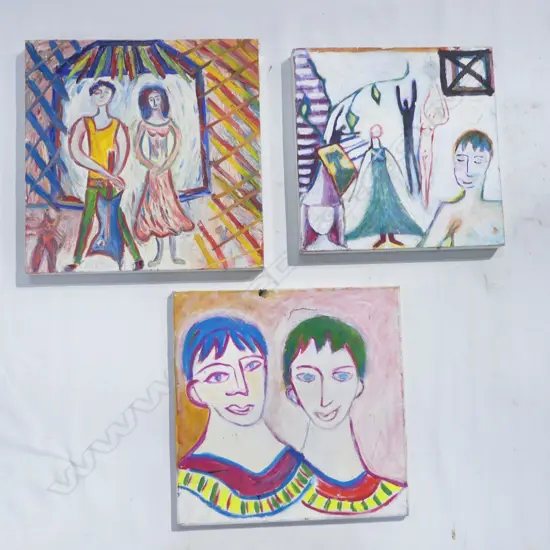 LEE FELTHAM, COUPLE, ACRYLIC ON CANVAS X 3, LGST 460 X 460 MM, ONE WITH DAMAGE TO CANVAS provenance below