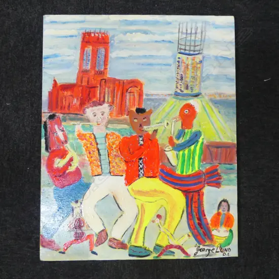 GEORGE LUND (LIVERPOOL) OIL ON CANVAS LIVERPOOL W ANIMAL MUSCIANS signed & date'04. 510 x 405mm