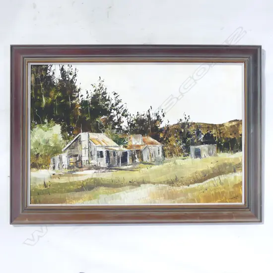 PETER J. WALLERS, RURAL LANDSCAPE WITH FARM OLD SHEDS, OIL ON BOARD '73 440x670mm