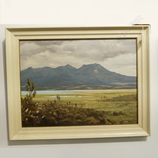 JONATHAN WHITE OIL 'Mt. Tongiriro & Lake Rotoaira Nat. Park' signed. Labelled. 440 x 600mm.