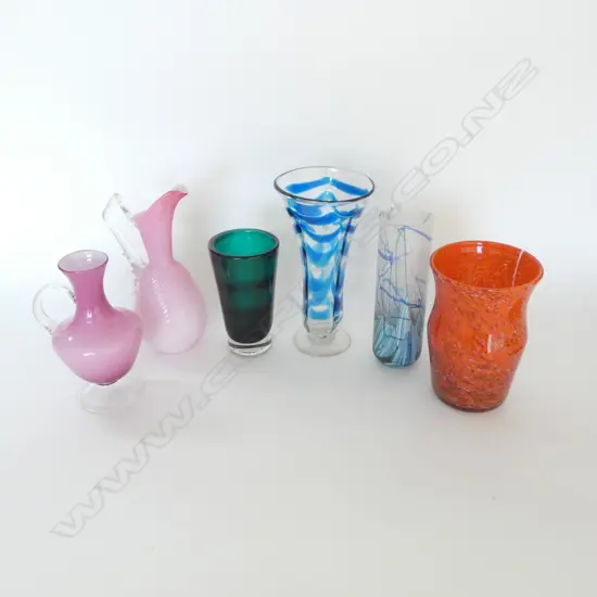 6 PCES. ASST. ART GLASS; 2 HANDELD JUGS, RED SWIRL VASE, etc