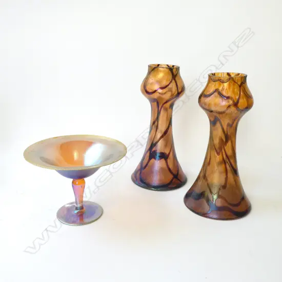 TIFFANY FAVRIL STYLE COMPORT H.120mm, 165mm dia, PR ART GLASS VASES H.235mm