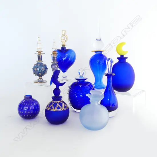 10 BLUE ART GLASS PERFUME BOTTLES