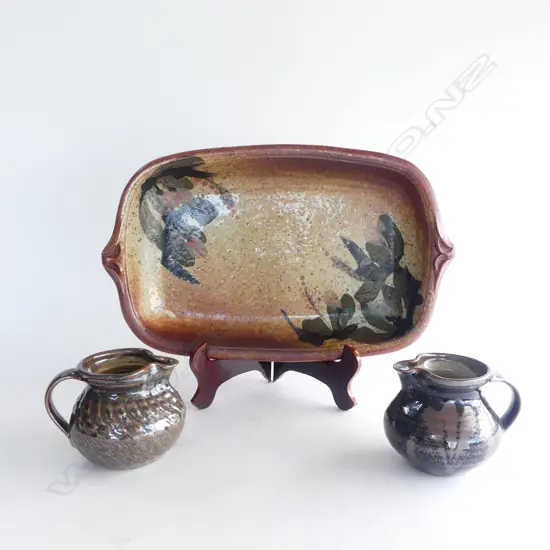 2 NZ POTTERY JUGS (1 w. CHIP) & LARGE SHINO GLAZE DISH 
