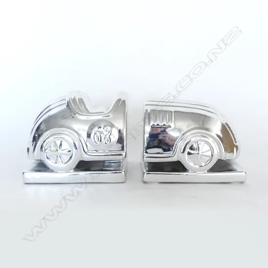 PR BOOKENDS; SILVER CERAMIC VINTAGE CAR H.140mm