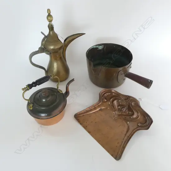 BRASS TURKISH COFFEE POT, COPPER POT, JUG & ART NOUVEAU CRUMB TRAY L.250mm