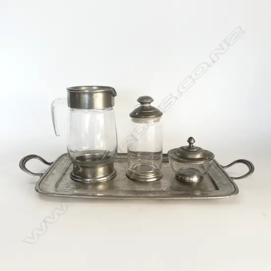 PEWTER TRAY 590x295mm + 2 LIDDED CONTAINERS & JUG H.225mm