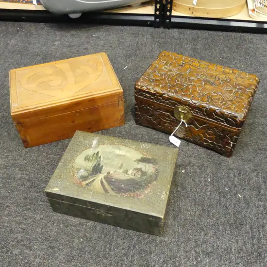 WRITING SLOPE + 2 WOODEN BOXES; CAMPHOR & CARVED KORU DESIGN W.305mm