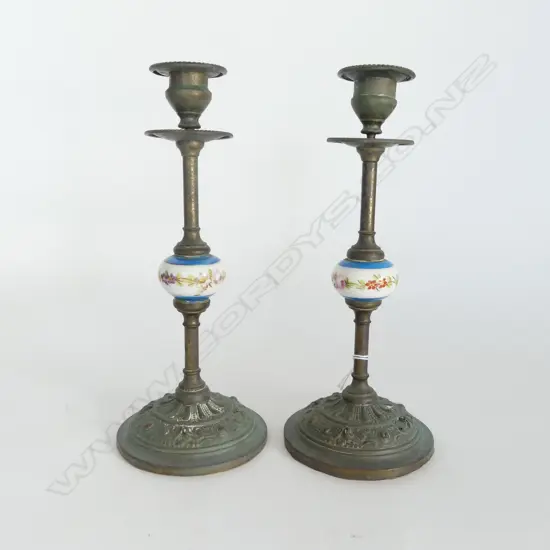 PR OF FRENCH BRONZE & PORC CANDLESTICKS H230MM