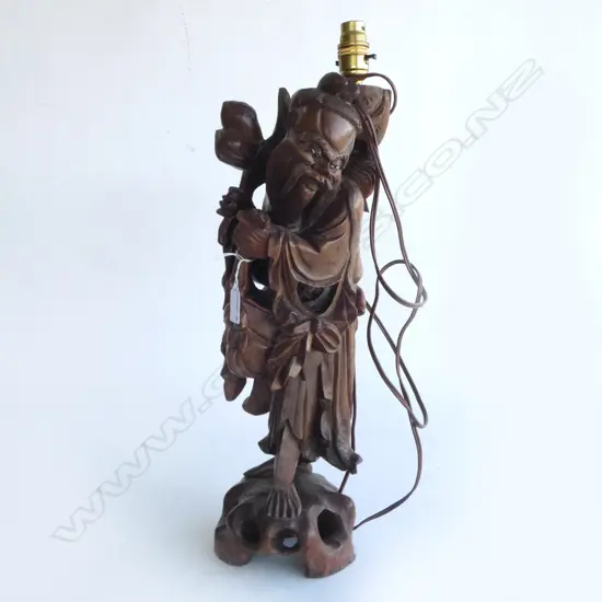 OLD CHINESE CARVED HARDWOOD CARVING OF A DEITY WITH PEACHES bone inlaid eyes H.530mm to lamp fitting