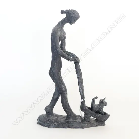 STUDIO POTTERY FIGURE PUSHING CART w. DOG H.390mm