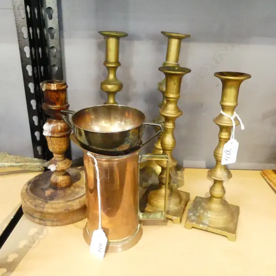 2 PRS BRASS CANDLESTICKS & 3 OTHERS