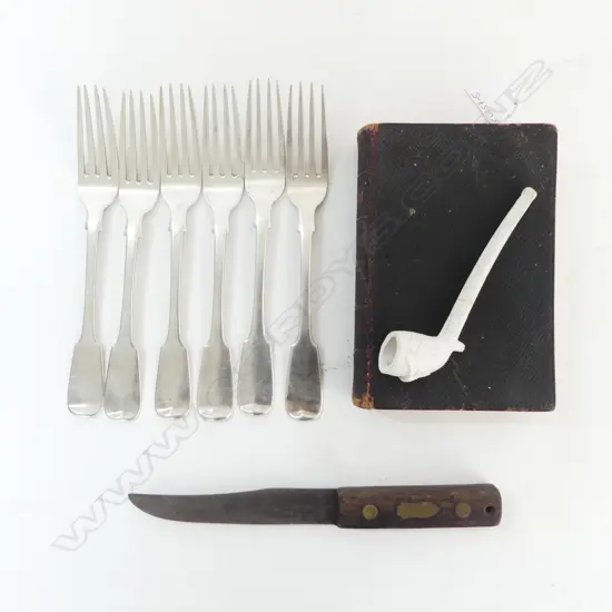 5 SILVER PLATED FIDDLE PATTER FORKS, OLD KITCHEN KNIFE, HOLY BIBLE, SMOKERS PIPE (FAULTS)