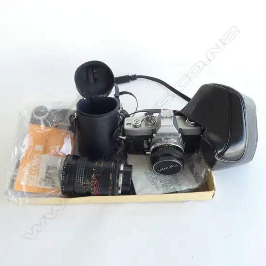 MINOLTA SRT 101, CASED AUTO KINOR LENS 28-80, MINOLTA BELLOWS III 