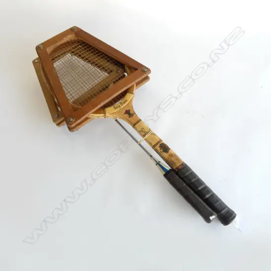 OLD WOODEN SPALDING TENNIS RACKET + OLD SQUASH RACKET both in straightening frames  