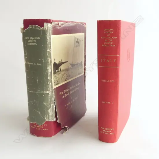 2 Vols. OFFICIAL HISTORY OF NEW ZEALAND IN WWII 1939-45; ITALY, VOL. 1 & N.Z. MEDICAL SERVICES IN MIDDLE EAST & ITALY...
