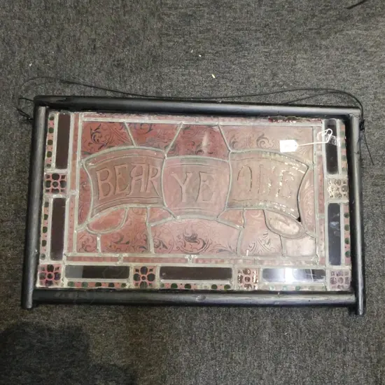 UNUSUAL STAINED GLASS HANGING PANEL ' BEAR YE ONE ', 420 x 660mm