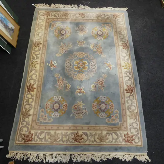 CHINESE SCULPTED PILE HAND KNOTTED RUG butterflies & florals on pale blue a couple of marks. 2200 x 1500mm