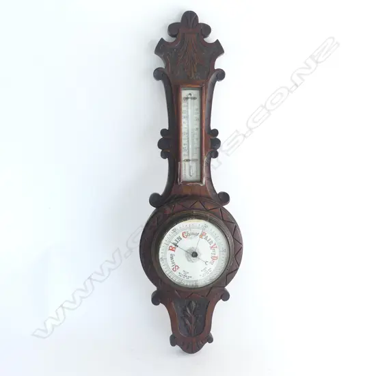 OAK BANJO BAROMETER c.1900, C-SCROLL CARVED BORDER, 660 x 185mm