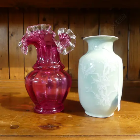 2 VASES; RUBY / CRANBERRY GLASS H.210mm, ORIENTAL CELADON