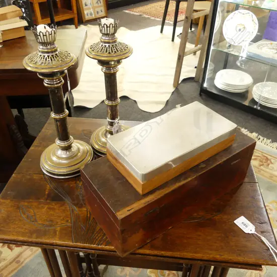 2 WOODEN BOXES 1 AF W.310mm + PR SILVER OVER COPPER CANDLESTICKS H.295mm